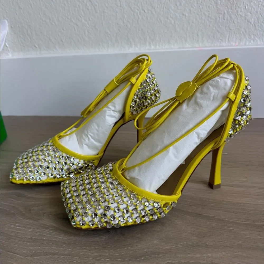 NIB BOTTEGA VENETA yellow sparkle sandal heels lace up size 38.5